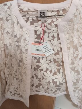 Anne Klein White Floral Lace Open Front Cardigan